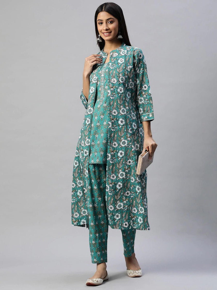 Divena Green Cotton Floral Printed Three Piece Indowestern Kurta Pant Set with Jacket - divena world