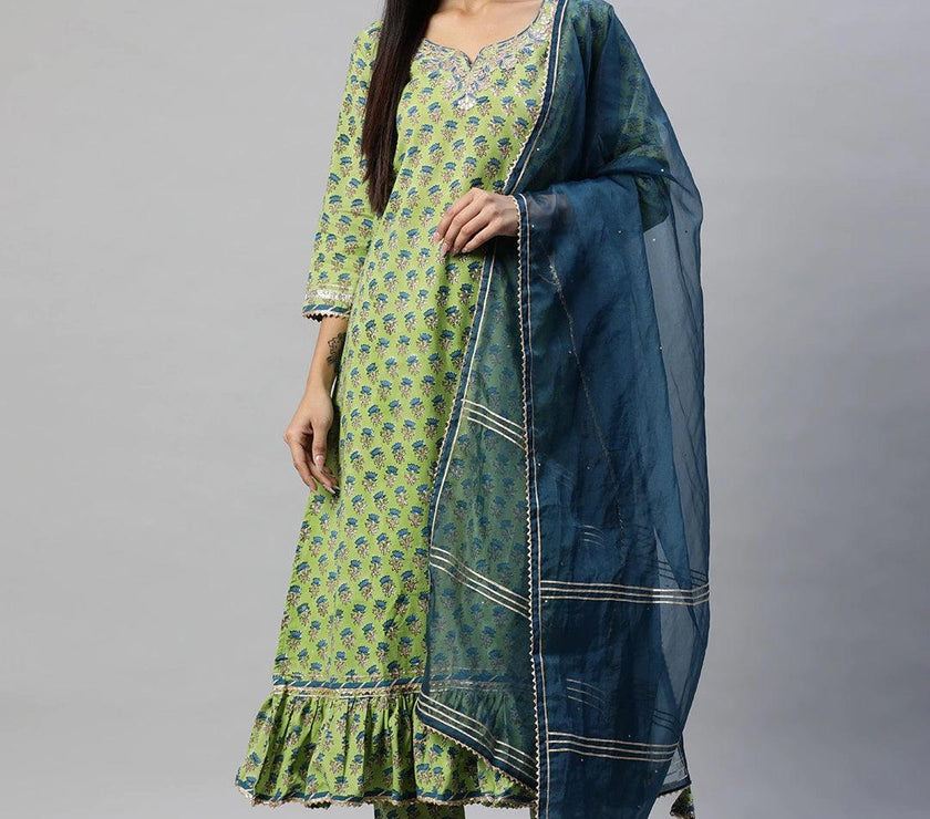 Divena Green Cotton Hand Block Printed Kurta Pant set with Dupatta - divena world