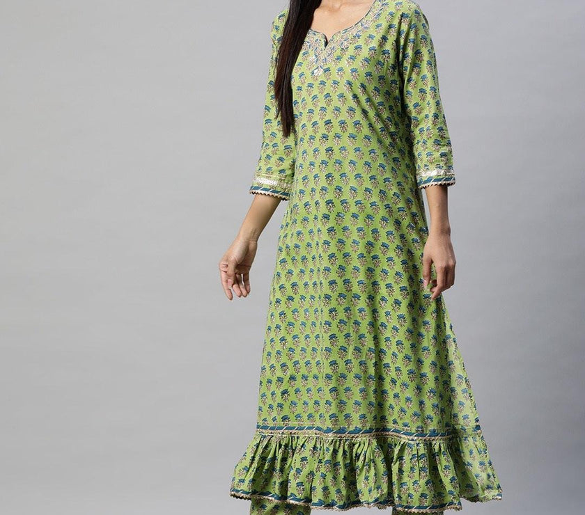 Divena Green Cotton Hand Block Printed Kurta Pant set with Dupatta - divena world