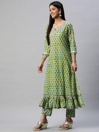 Divena Green Cotton Hand Block Printed Kurta Pant set with Dupatta - divena world