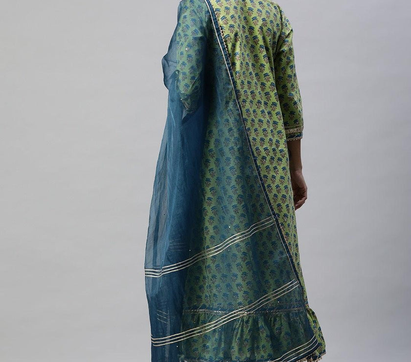 Divena Green Cotton Hand Block Printed Kurta Pant set with Dupatta - divena world