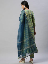 Divena Green Cotton Hand Block Printed Kurta Pant set with Dupatta - divena world