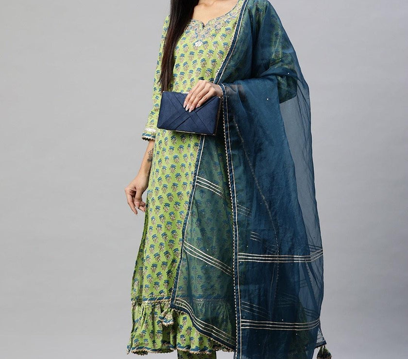 Divena Green Cotton Hand Block Printed Kurta Pant set with Dupatta - divena world