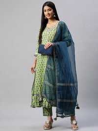 Divena Green Cotton Hand Block Printed Kurta Pant set with Dupatta - divena world