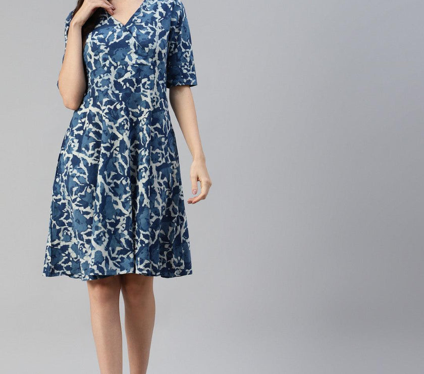 Divena Indigo Hand Block Printed Short Dress - divena world