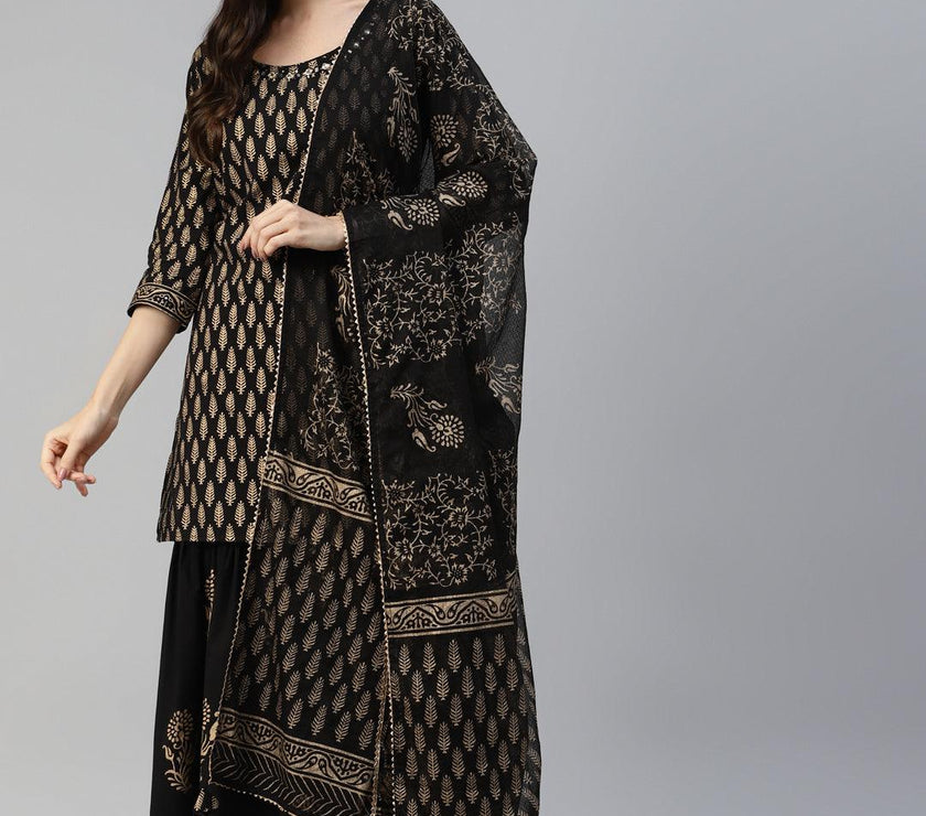 Divena Black Gold Printed Cotton Kurta Sharara Set with Dupatta - divena world