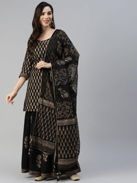 Divena Black Gold Printed Cotton Kurta Sharara Set with Dupatta - divena world