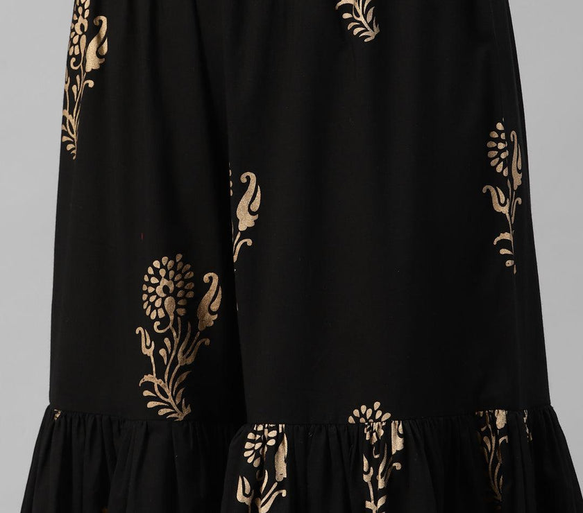 Divena Black Gold Printed Cotton Kurta Sharara Set with Dupatta - divena world