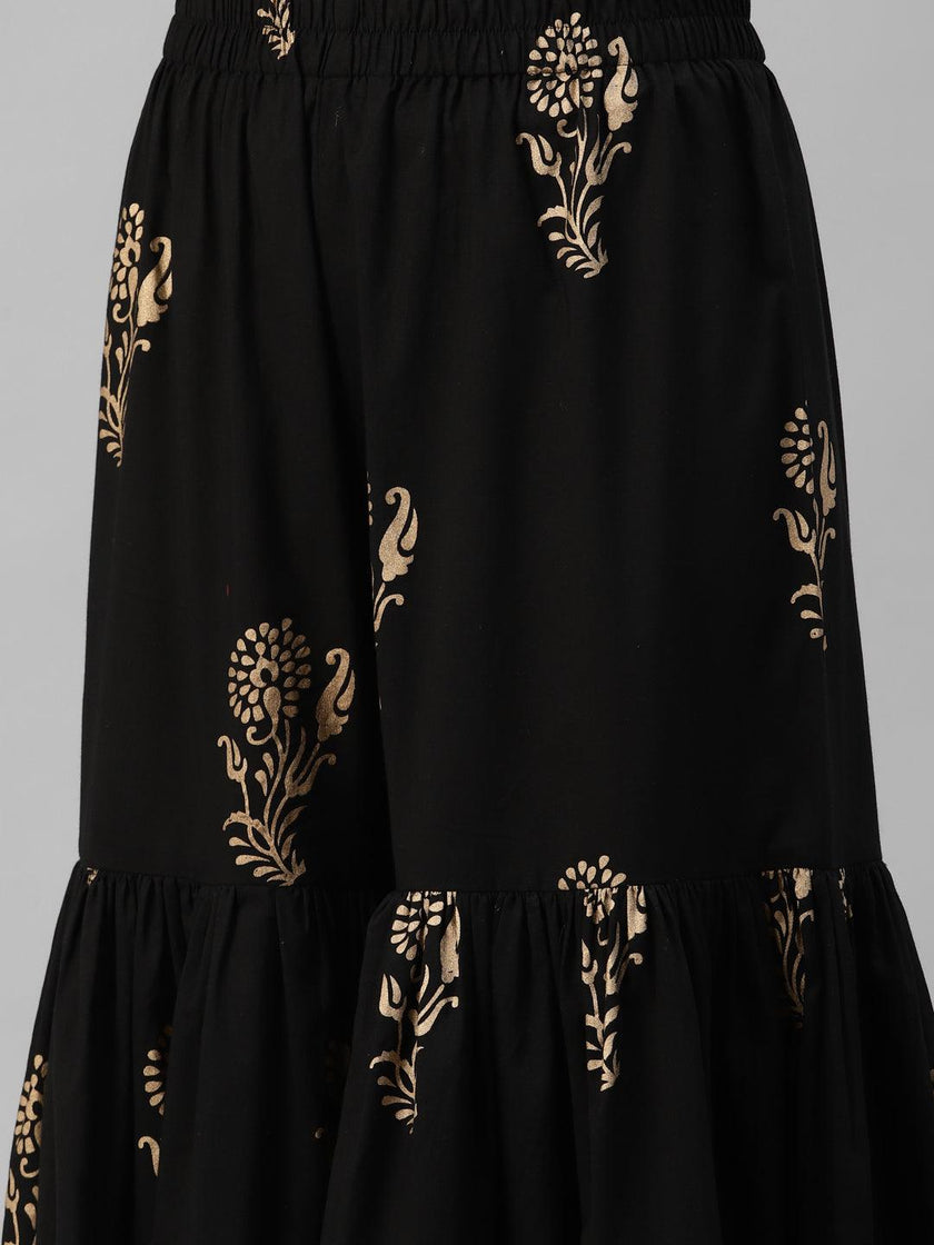 Divena Black Gold Printed Cotton Kurta Sharara Set with Dupatta - divena world