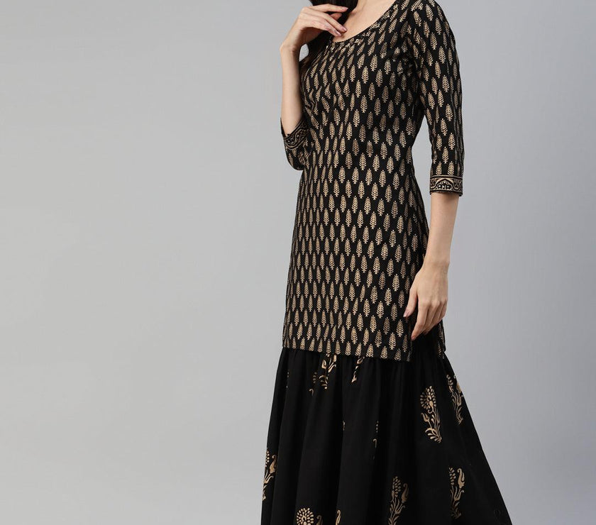 Divena Black Gold Printed Cotton Kurta Sharara Set with Dupatta - divena world