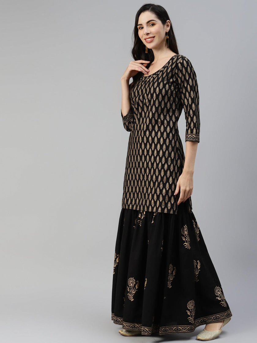 Divena Black Gold Printed Cotton Kurta Sharara Set with Dupatta - divena world