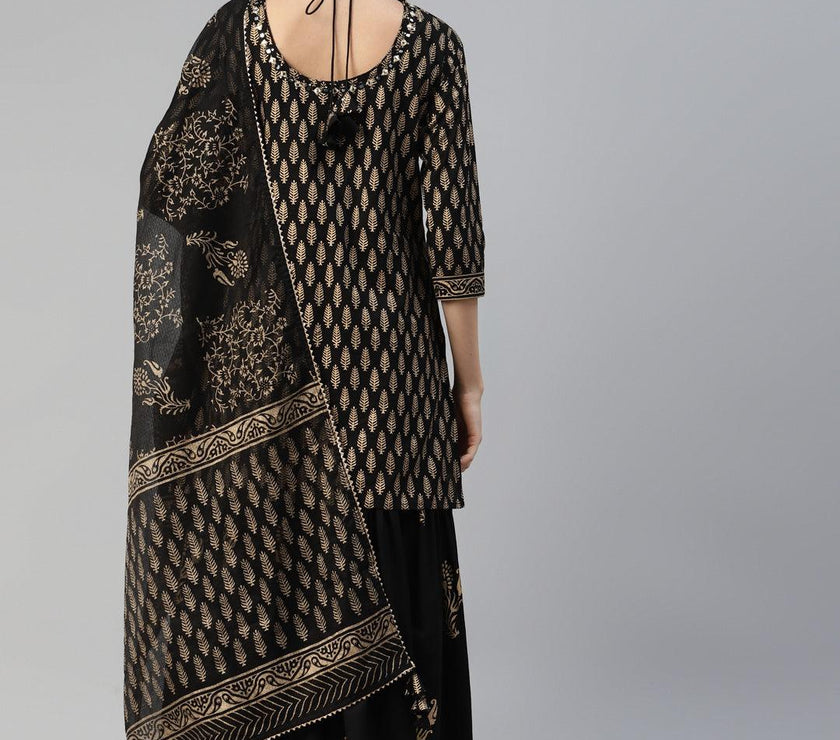 Divena Black Gold Printed Cotton Kurta Sharara Set with Dupatta - divena world