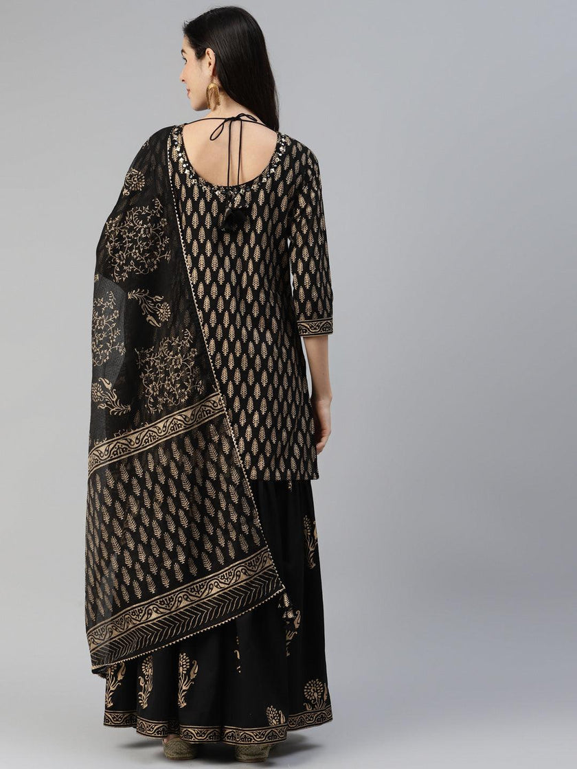 Divena Black Gold Printed Cotton Kurta Sharara Set with Dupatta - divena world