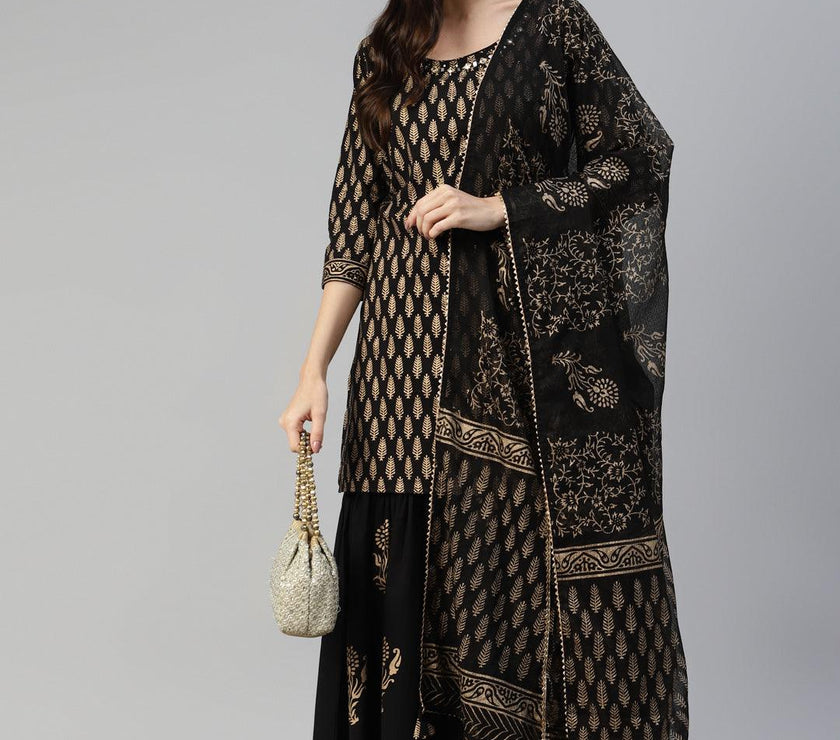 Divena Black Gold Printed Cotton Kurta Sharara Set with Dupatta - divena world