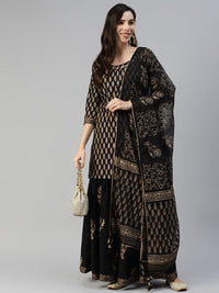 Divena Black Gold Printed Cotton Kurta Sharara Set with Dupatta - divena world