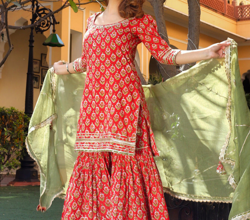 Divena Red Cotton Dabu Printed Kurta Sharara Set with Kota Doria Dupatta - divenaworld.com