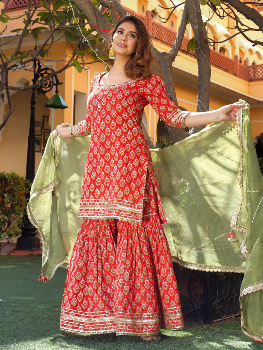 Divena Red Cotton Dabu Printed Kurta Sharara Set with Kota Doria Dupatta - divenaworld.com