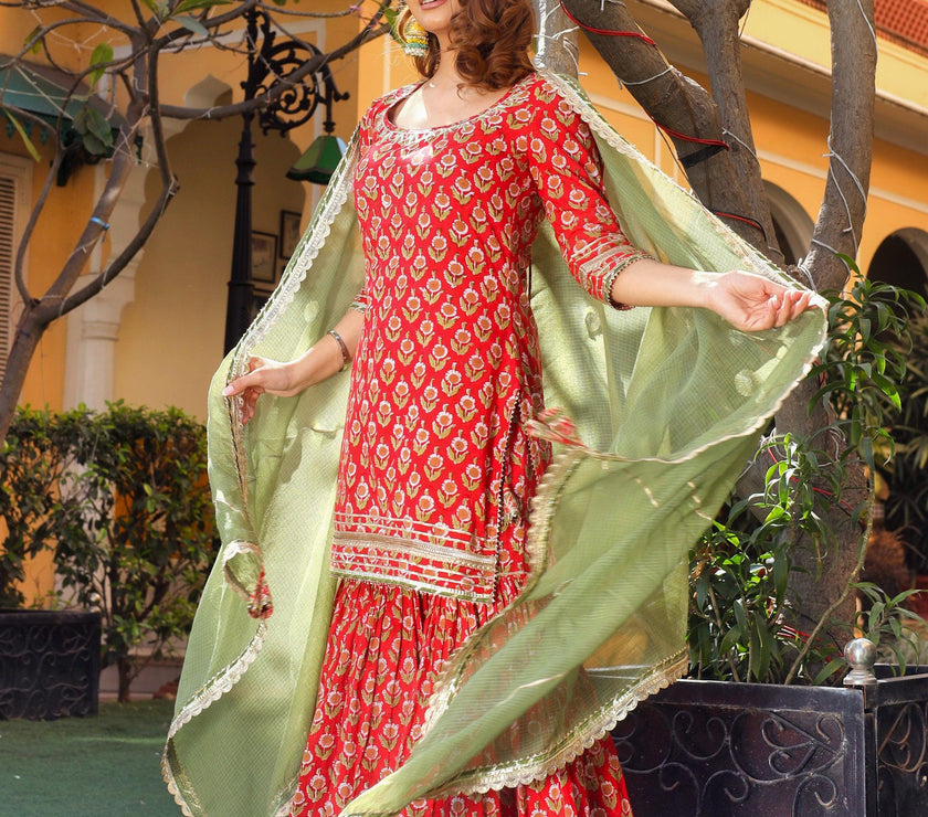 Divena Red Cotton Dabu Printed Kurta Sharara Set with Kota Doria Dupatta - divenaworld.com