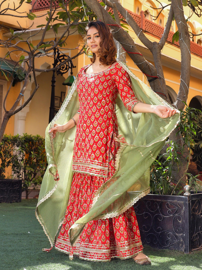 Divena Red Cotton Dabu Printed Kurta Sharara Set with Kota Doria Dupatta - divenaworld.com