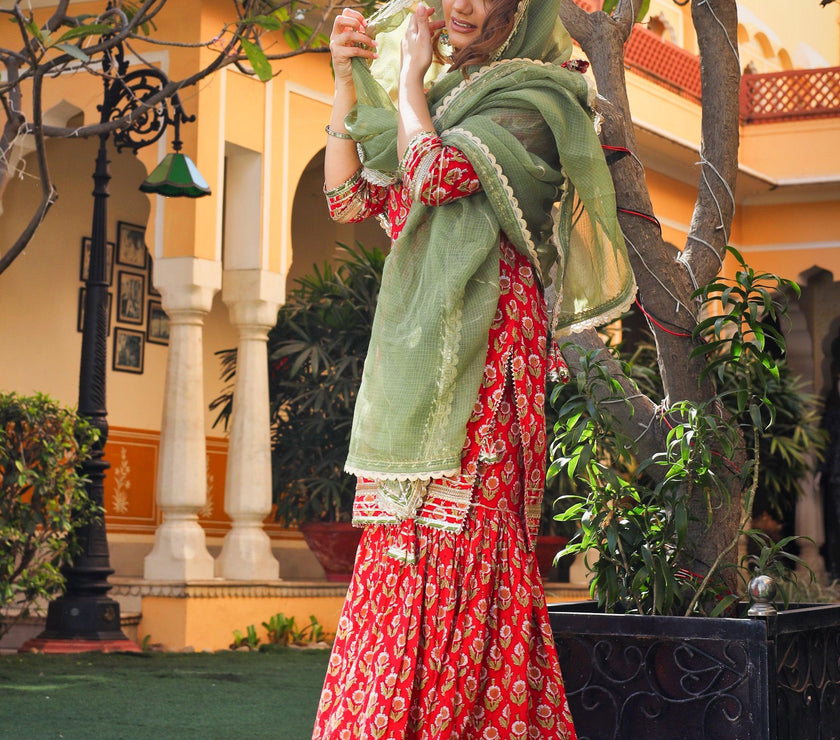 Divena Red Cotton Dabu Printed Kurta Sharara Set with Kota Doria Dupatta - divenaworld.com