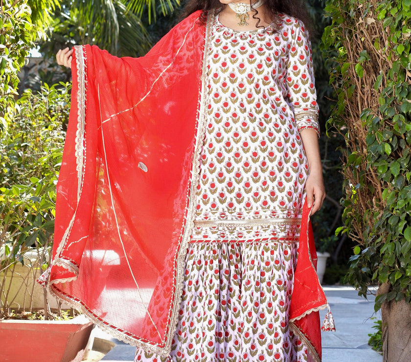 Divena Red & White Cotton Dabu Printed Kurta Sharara Set with Kota Doria Dupatta - divenaworld.com