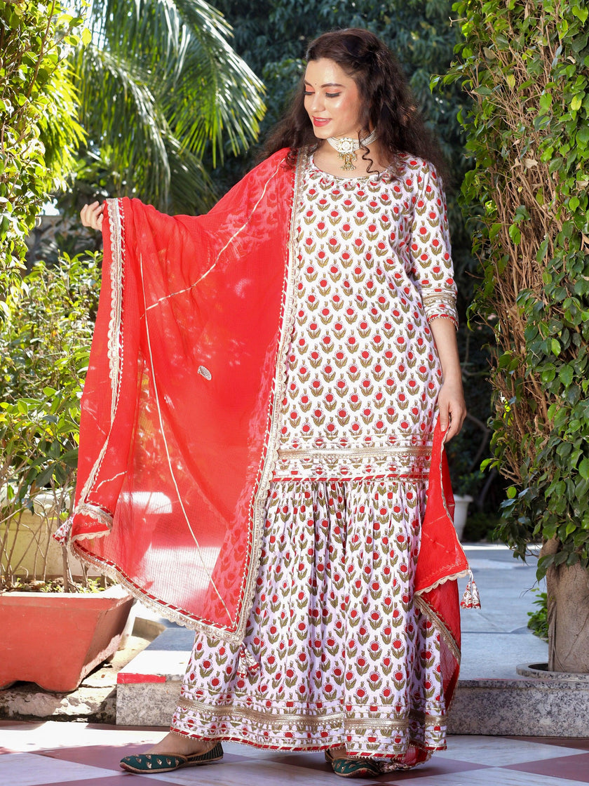 Divena Red & White Cotton Dabu Printed Kurta Sharara Set with Kota Doria Dupatta - divenaworld.com