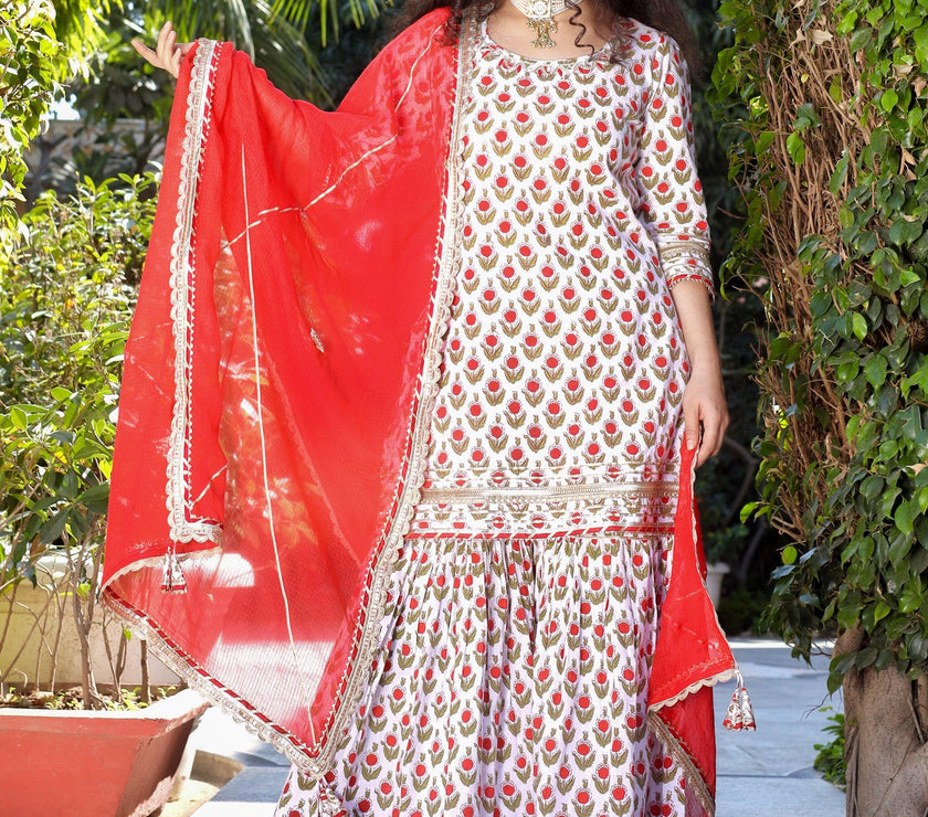 Divena Red & White Cotton Dabu Printed Kurta Sharara Set with Kota Doria Dupatta - divenaworld.com