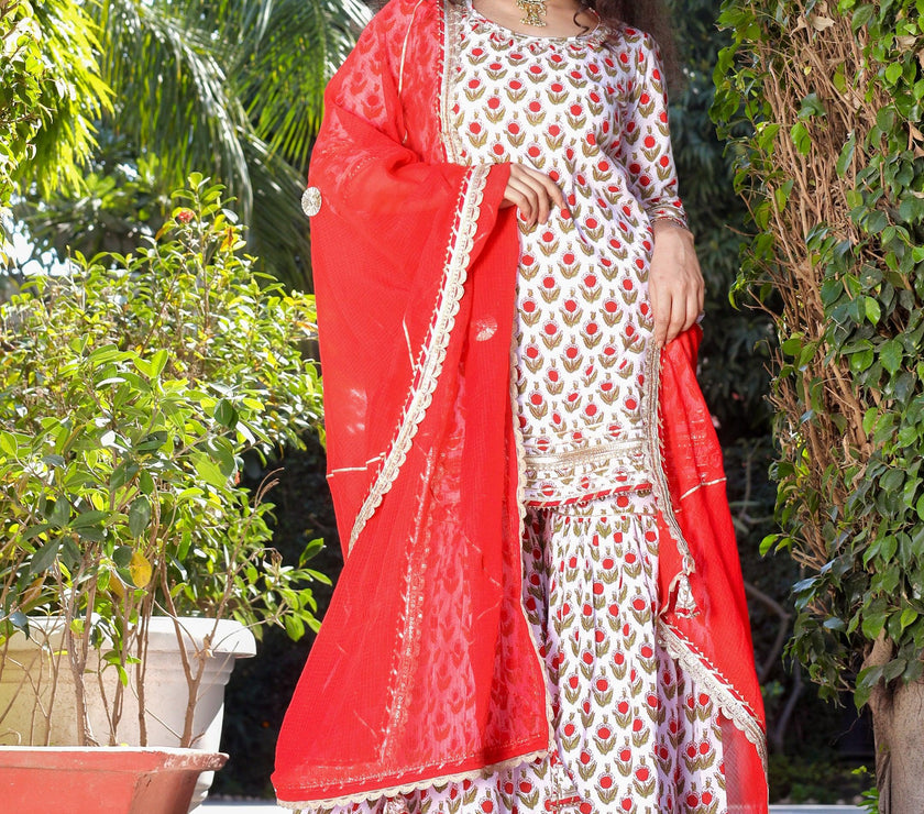 Divena Red & White Cotton Dabu Printed Kurta Sharara Set with Kota Doria Dupatta - divenaworld.com