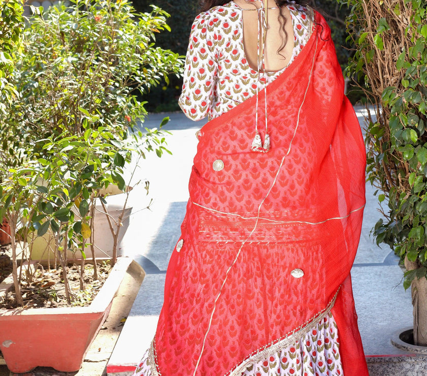 Divena Red & White Cotton Dabu Printed Kurta Sharara Set with Kota Doria Dupatta - divenaworld.com