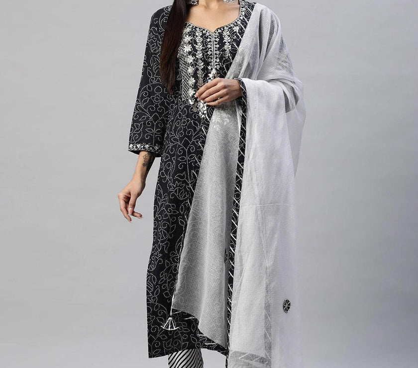 Divena Black and White Cotton Kurta Pant Set With Dupatta - divena world