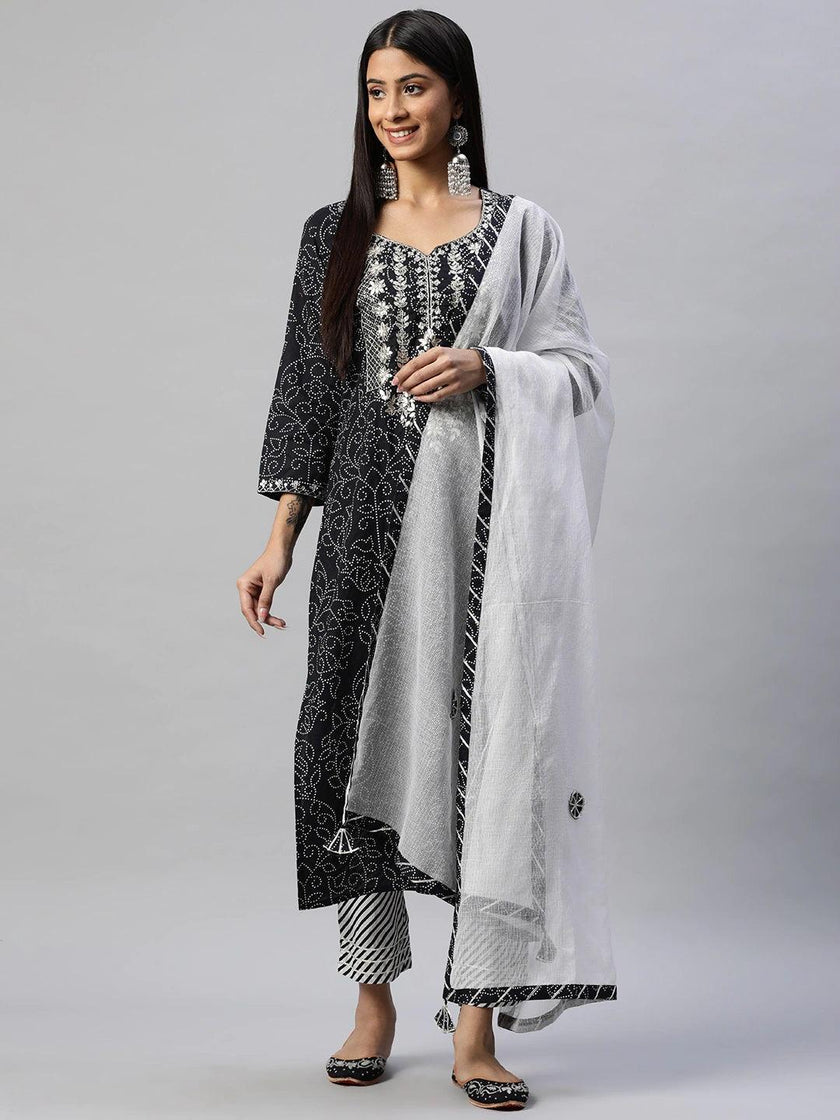 Divena Black and White Cotton Kurta Pant Set With Dupatta - divena world