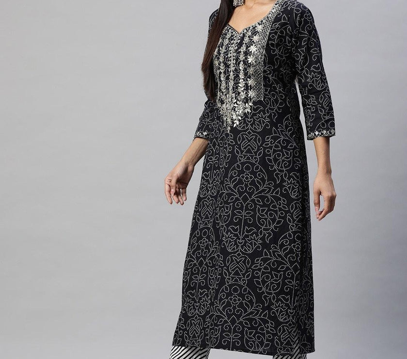 Divena Black and White Cotton Kurta Pant Set With Dupatta - divena world