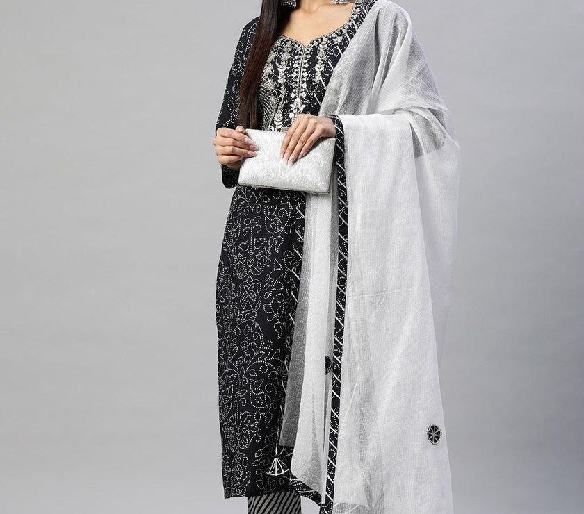 Divena Black and White Cotton Kurta Pant Set With Dupatta - divena world