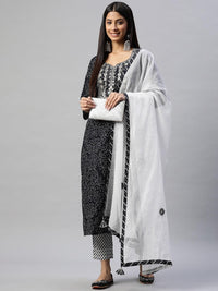 Divena Black and White Cotton Kurta Pant Set With Dupatta - divena world