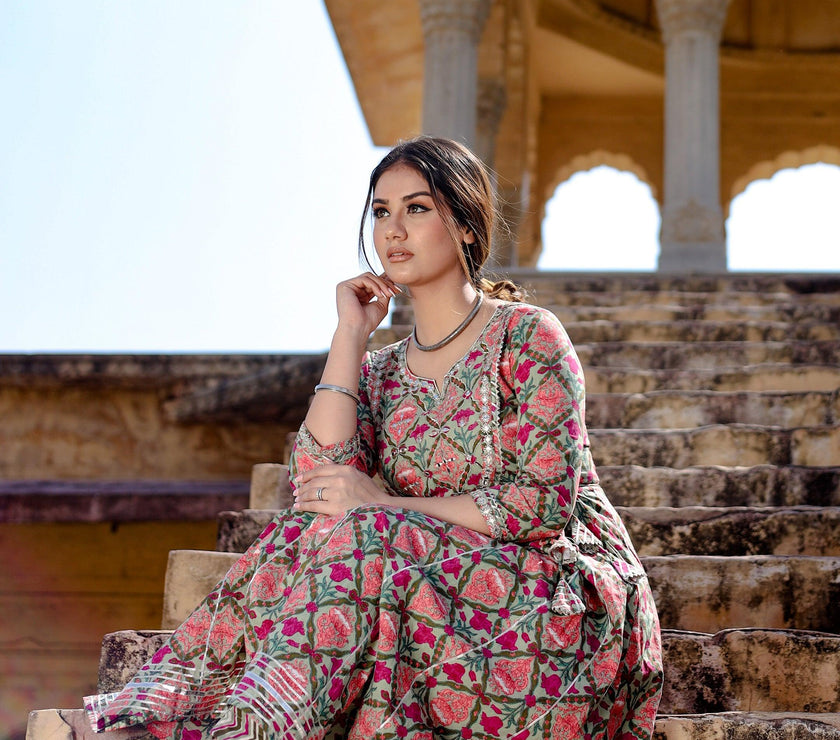 Divena Green Floral Printed Anarkali Kurta Pant Sets - divenaworld.com