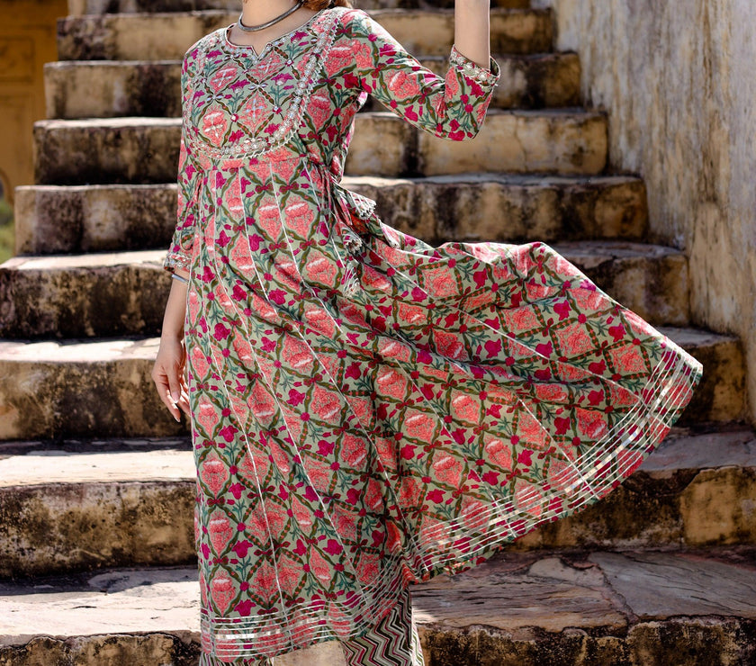 Divena Green Floral Printed Anarkali Kurta Pant Sets - divenaworld.com