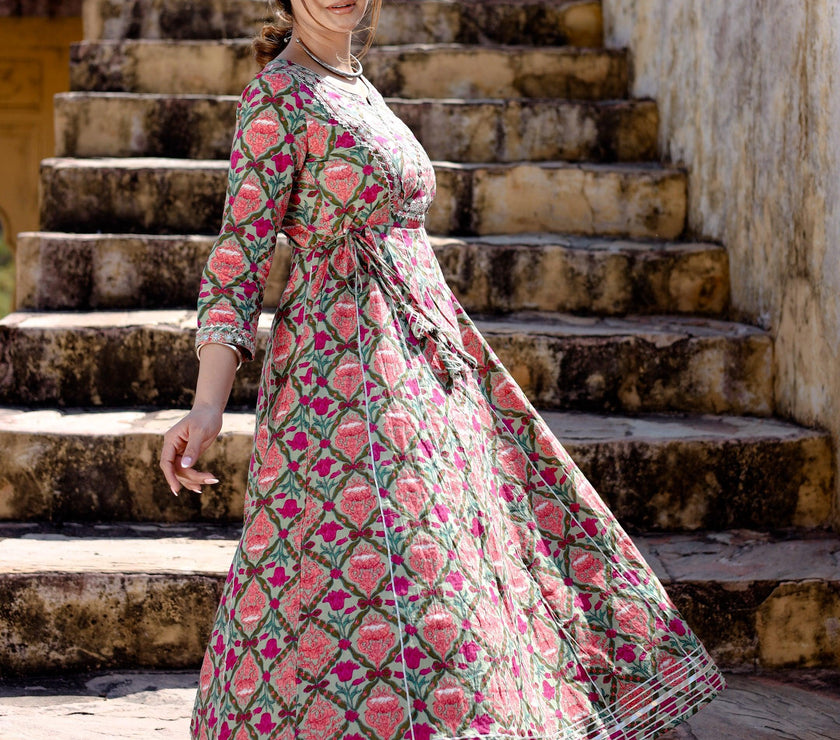 Divena Green Floral Printed Anarkali Kurta Pant Sets - divenaworld.com