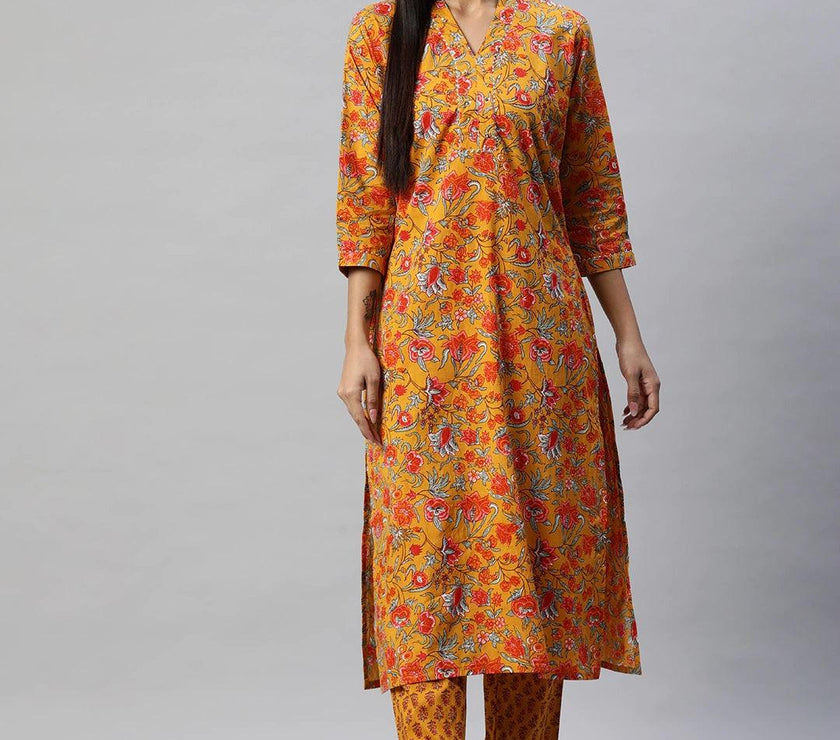 Divena Mustard Cotton Floral Printed Kurta Pant Set - divena world