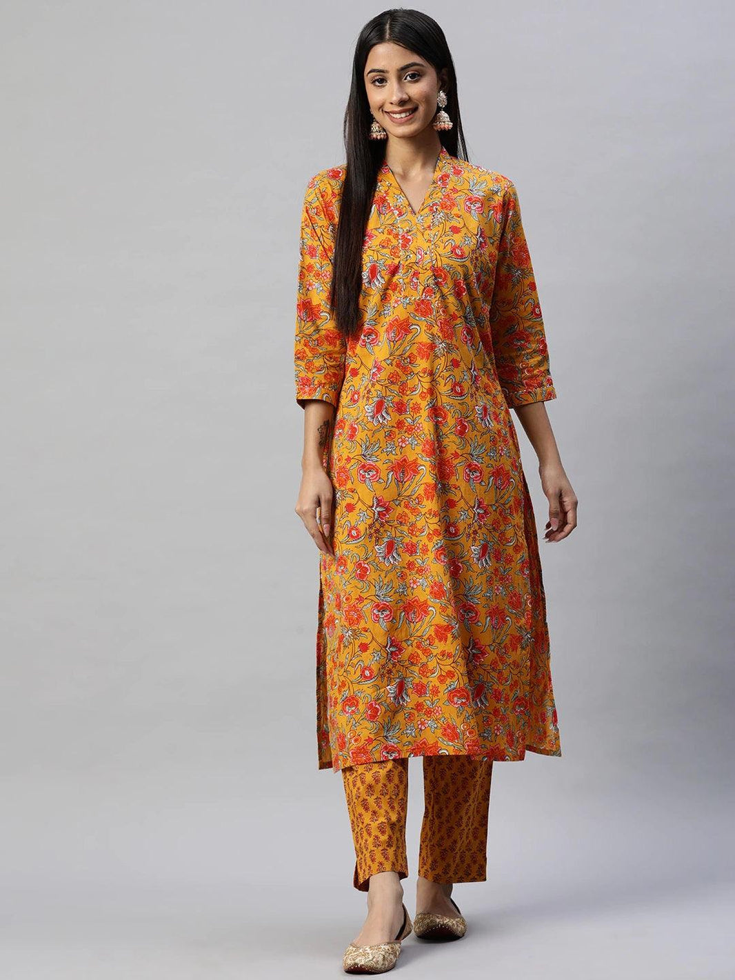 Divena Mustard Cotton Floral Printed Kurta Pant Set - divena world