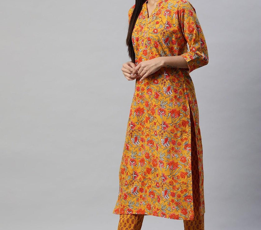 Divena Mustard Cotton Floral Printed Kurta Pant Set - divena world