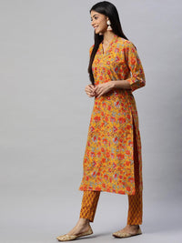 Divena Mustard Cotton Floral Printed Kurta Pant Set - divena world