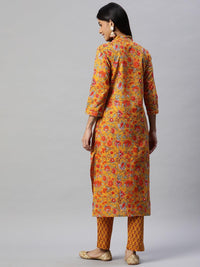 Divena Mustard Cotton Floral Printed Kurta Pant Set - divena world