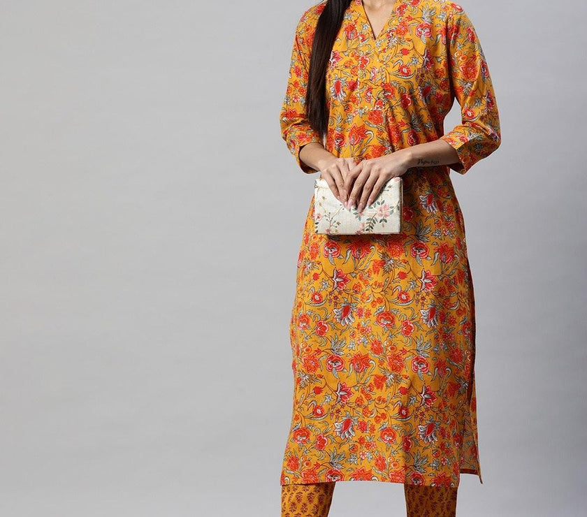 Divena Mustard Cotton Floral Printed Kurta Pant Set - divena world