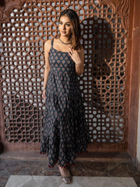 Divena Navy Blue Buti Printed Shoulder Strip Long dress - divenaworld.com