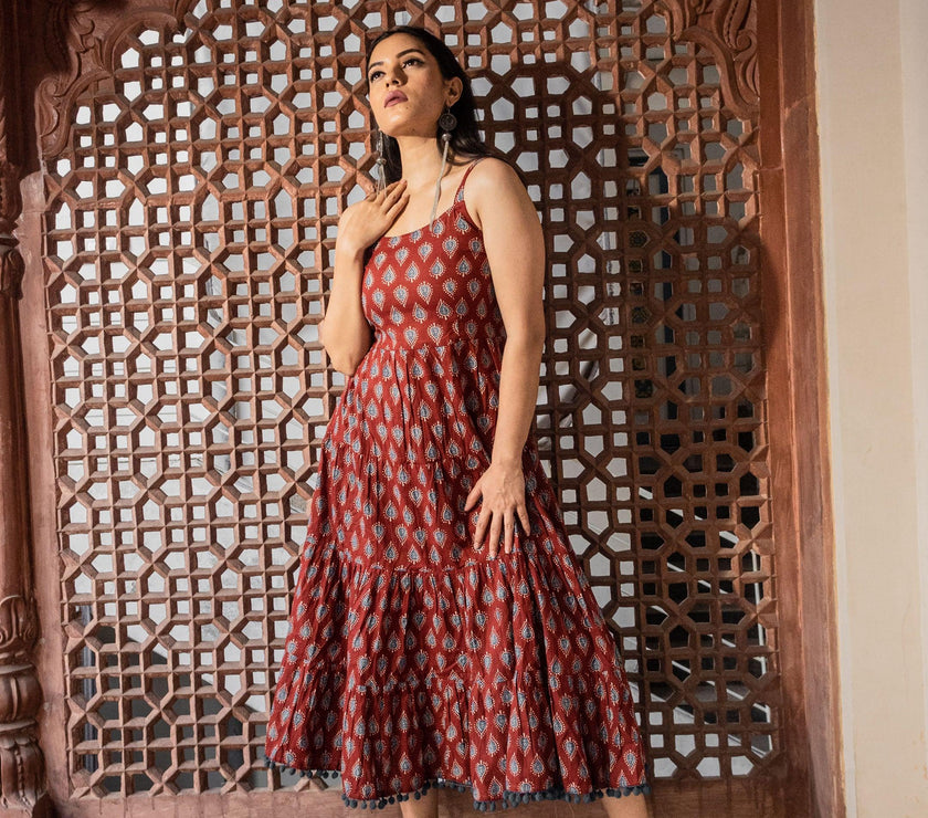 Divena Maroon Buti Printed Shoulder Strip Long dress - divenaworld.com