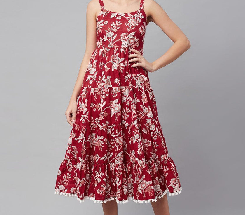 Divena Red Floral Printed Shoulder Strap Long dress - divena world