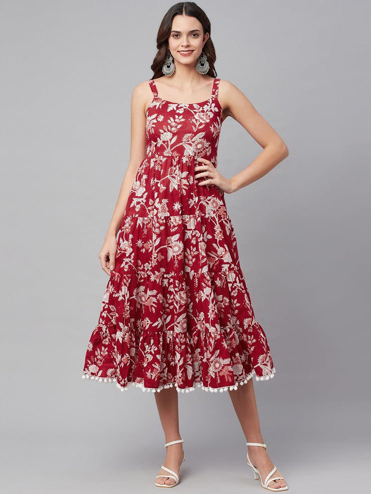 Divena Red Floral Printed Shoulder Strap Long dress - divena world