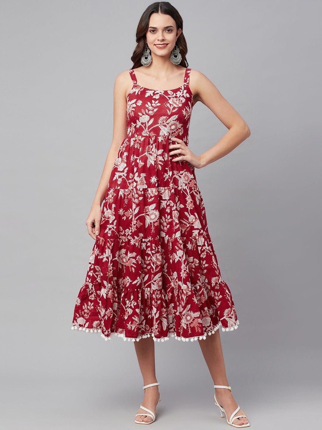 Divena Red Floral Printed Shoulder Strap Long dress - divena world