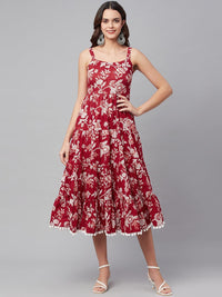 Divena Red Floral Printed Shoulder Strap Long dress - divena world