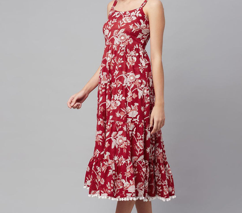 Divena Red Floral Printed Shoulder Strap Long dress - divena world